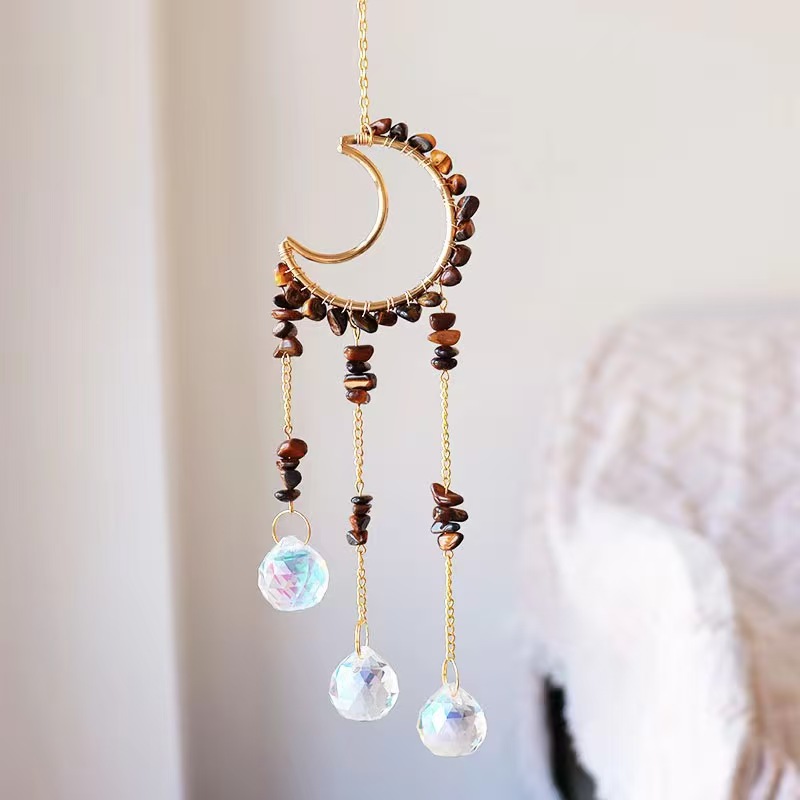 Moon Crystal Suncatcher Hanging Ornament Handmade Wire Wrapped Chip Stone Wind Chime Decor