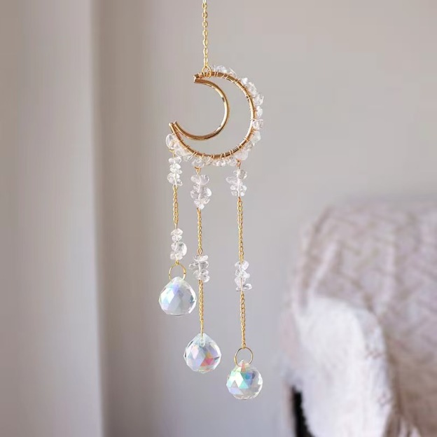 Moon Crystal Suncatcher Hanging Ornament Handmade Wire Wrapped Chip Stone Wind Chime Decor