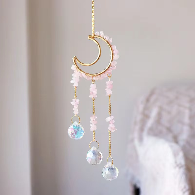 Moon Crystal Suncatcher Hanging Ornament Handmade Wire Wrapped Chip Stone Wind Chime Decor