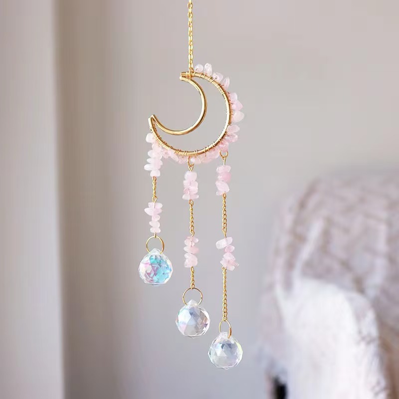 Moon Crystal Suncatcher Hanging Ornament Handmade Wire Wrapped Chip Stone Wind Chime Decor