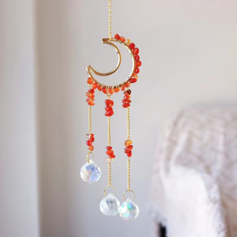Moon Crystal Suncatcher Hanging Ornament Handmade Wire Wrapped Chip Stone Wind Chime Decor