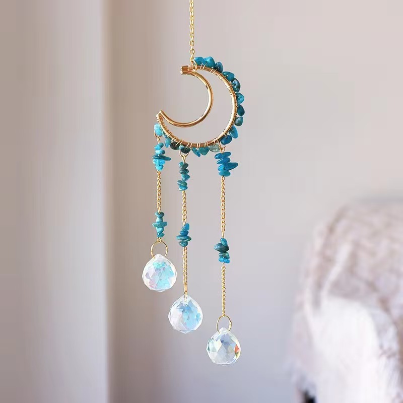 Moon Crystal Suncatcher Hanging Ornament Handmade Wire Wrapped Chip Stone Wind Chime Decor