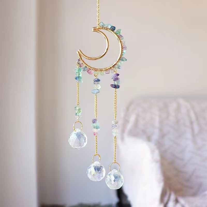 Moon Crystal Suncatcher Hanging Ornament Handmade Wire Wrapped Chip Stone Wind Chime Decor