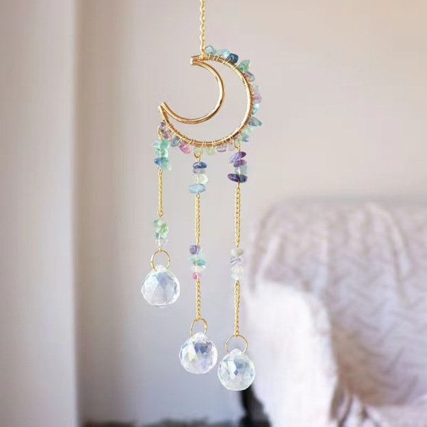 Moon Crystal Suncatcher Hanging Ornament Handmade Wire Wrapped Chip Stone Wind Chime Decor