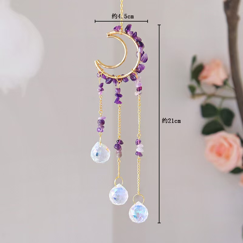 Moon Crystal Suncatcher Hanging Ornament Handmade Wire Wrapped Chip Stone Wind Chime Decor