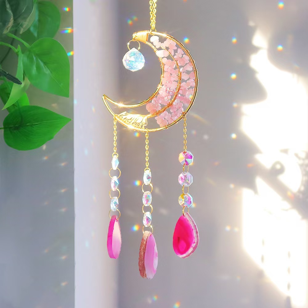 Moon Agate Slice Crystal Suncatcher Handmade Chip Stone Hanging Wind Chime Decor