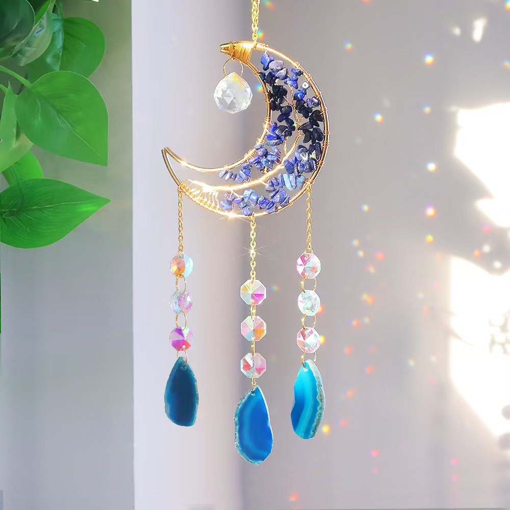 Moon Agate Slice Crystal Suncatcher Handmade Chip Stone Hanging Wind Chime Decor