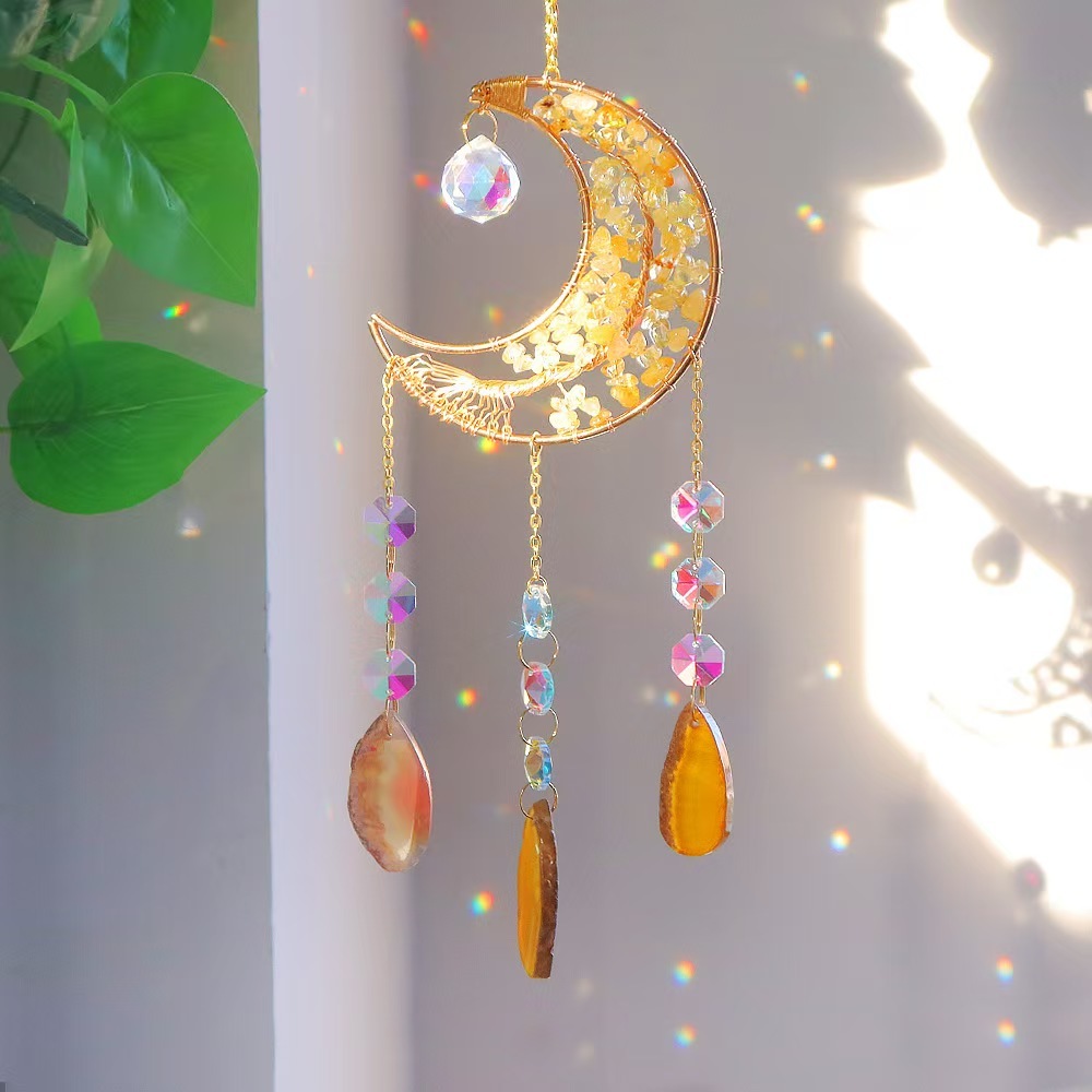 Moon Agate Slice Crystal Suncatcher Handmade Chip Stone Hanging Wind Chime Decor