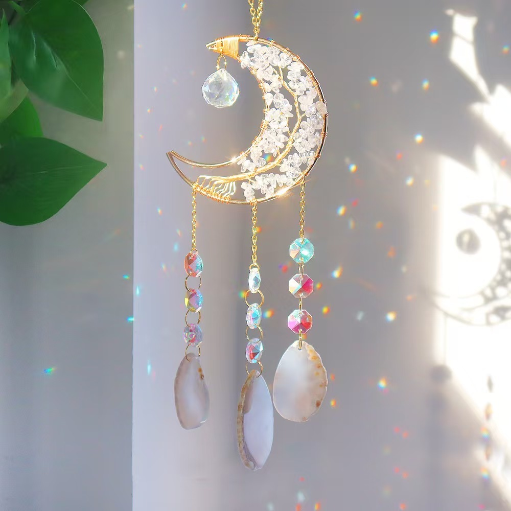 Moon Agate Slice Crystal Suncatcher Handmade Chip Stone Hanging Wind Chime Decor