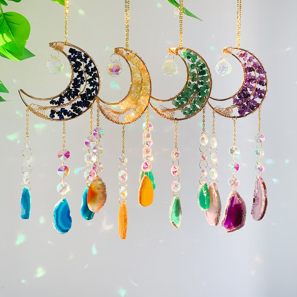 Moon Agate Slice Crystal Suncatcher Handmade Chip Stone Hanging Wind Chime Decor