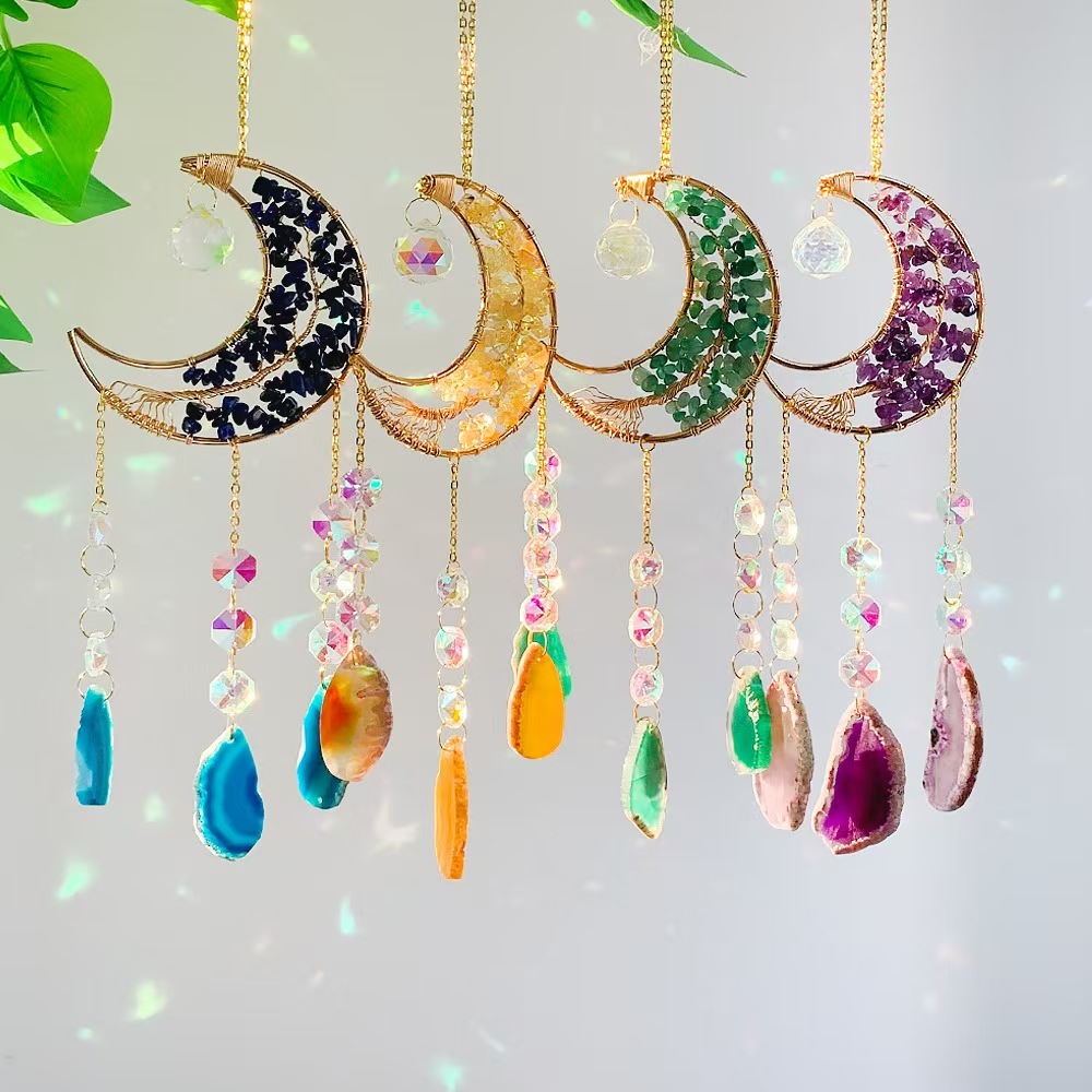 Moon Agate Slice Crystal Suncatcher Handmade Chip Stone Hanging Wind Chime Decor