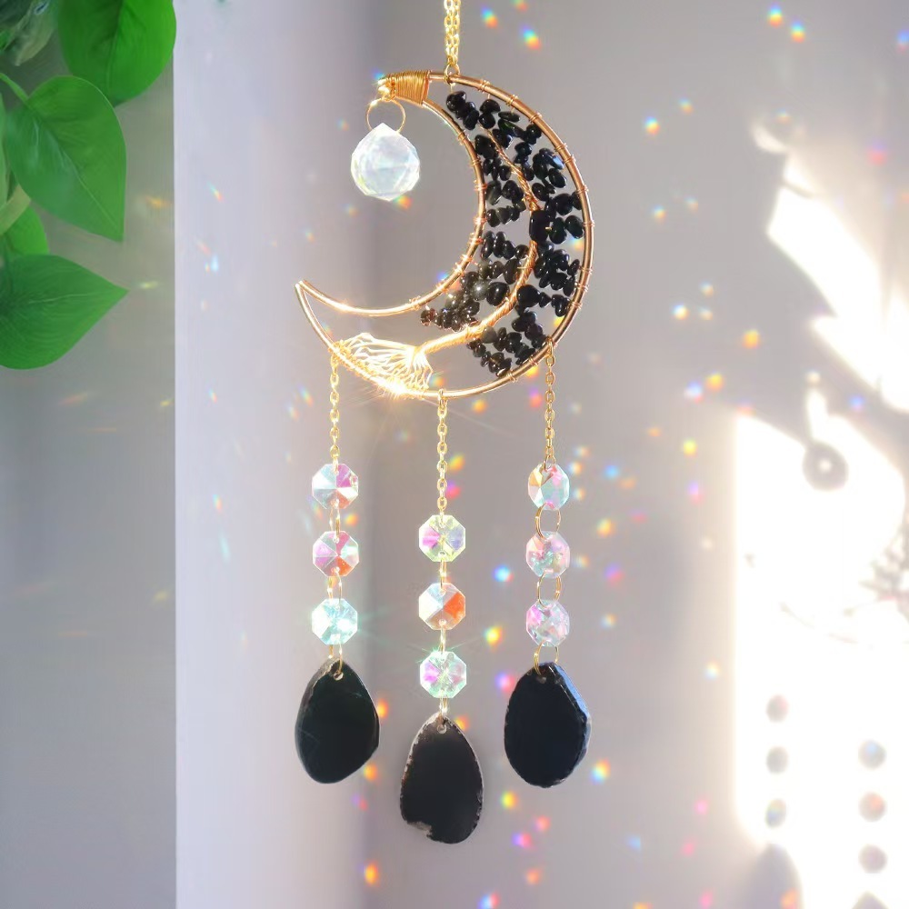 Moon Agate Slice Crystal Suncatcher Handmade Chip Stone Hanging Wind Chime Decor