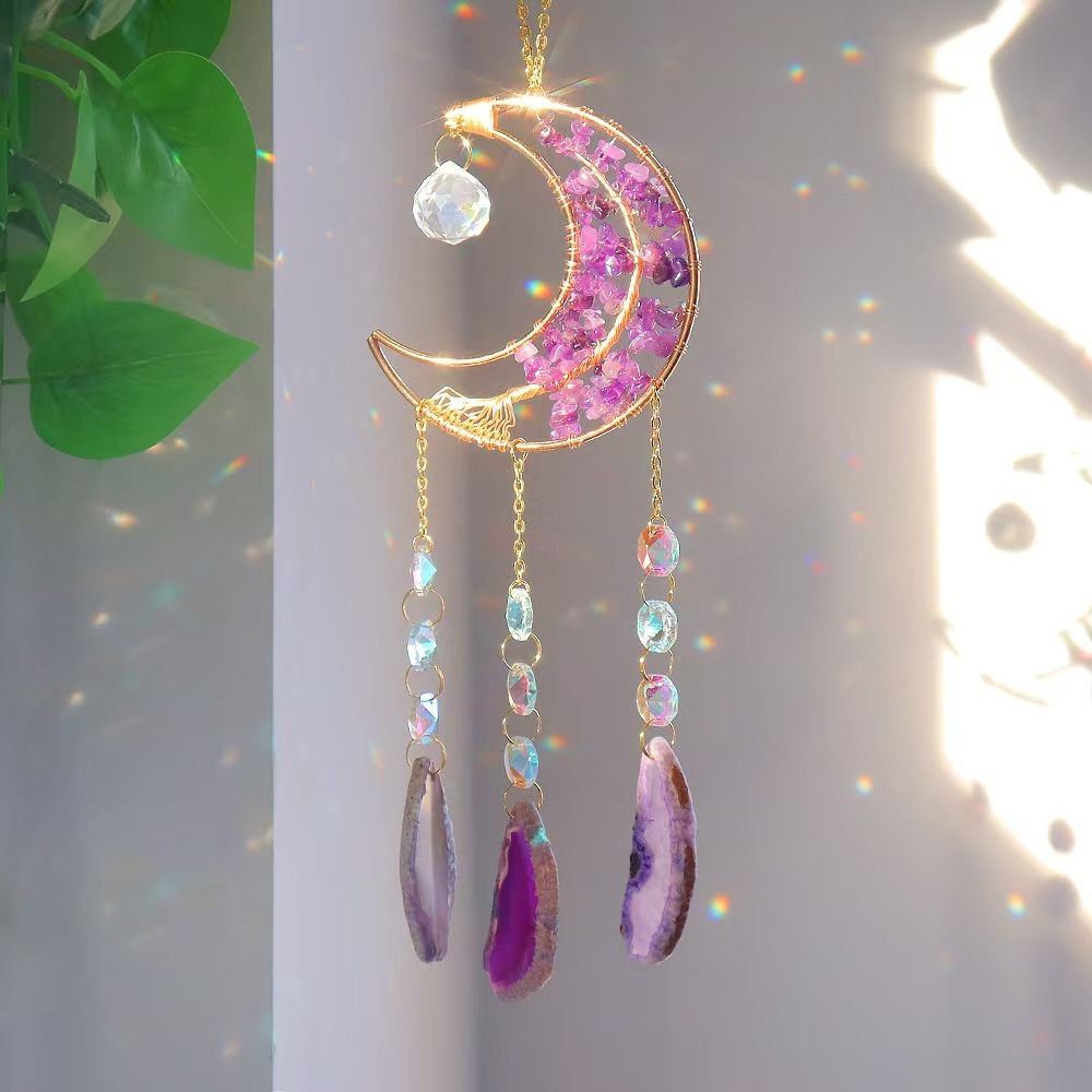 Moon Agate Slice Crystal Suncatcher Handmade Chip Stone Hanging Wind Chime Decor