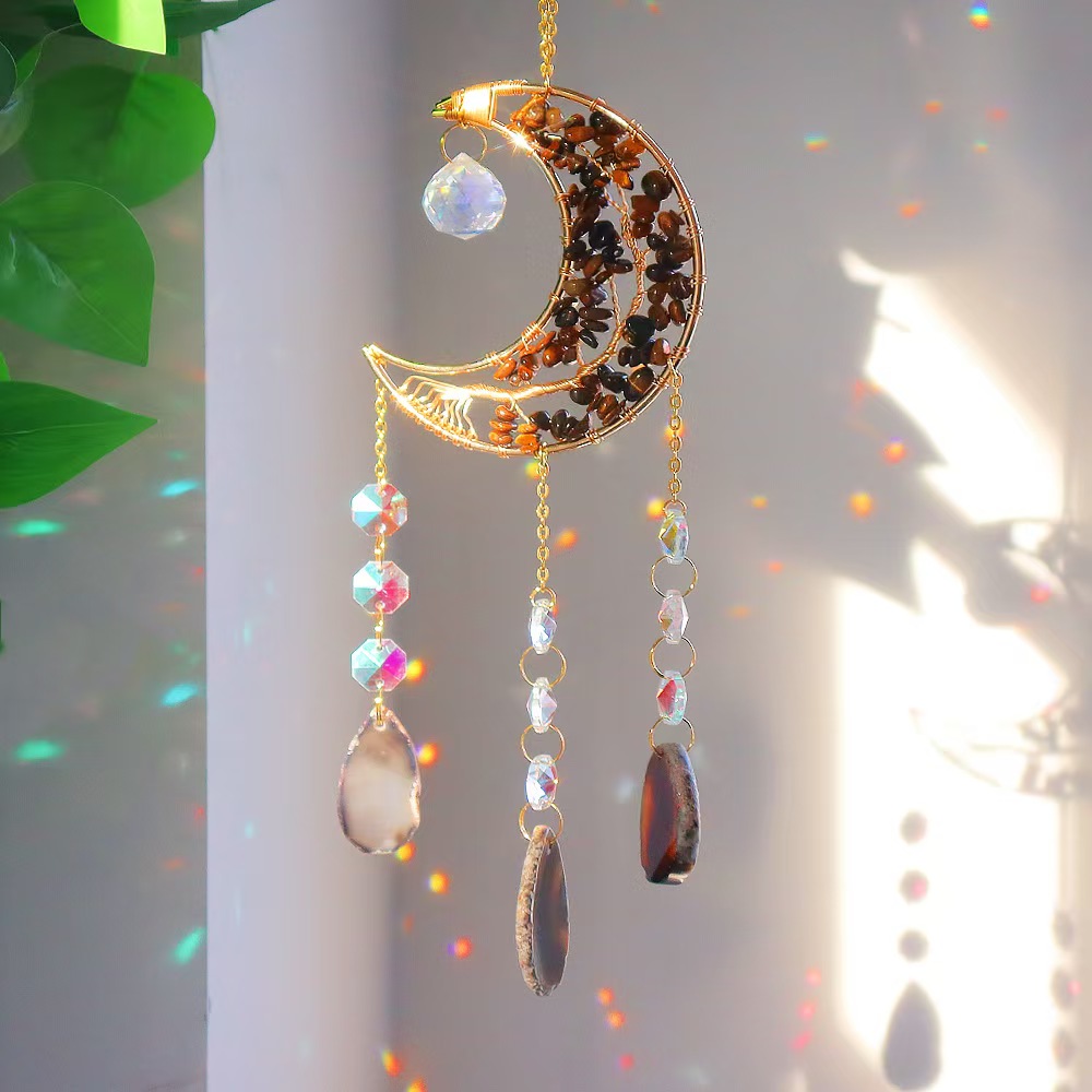 Moon Agate Slice Crystal Suncatcher Handmade Chip Stone Hanging Wind Chime Decor