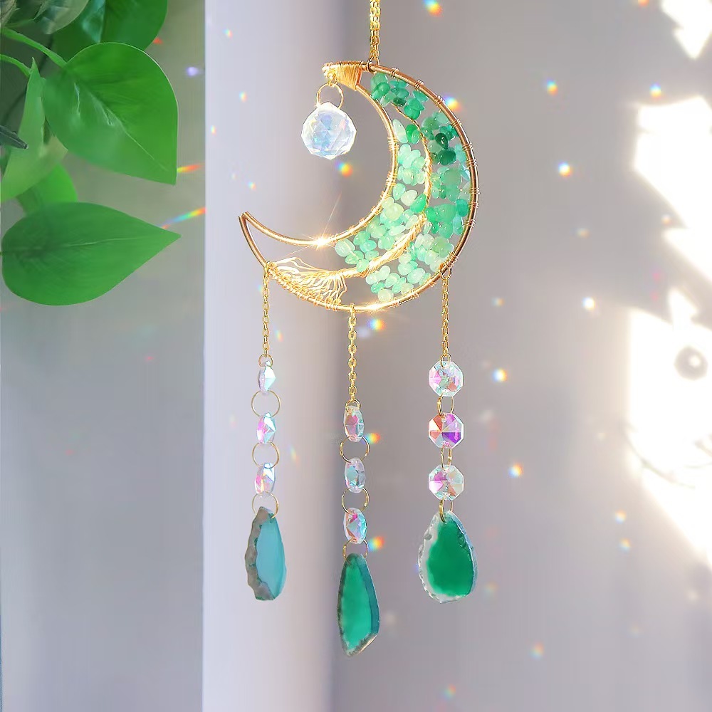 Moon Agate Slice Crystal Suncatcher Handmade Chip Stone Hanging Wind Chime Decor