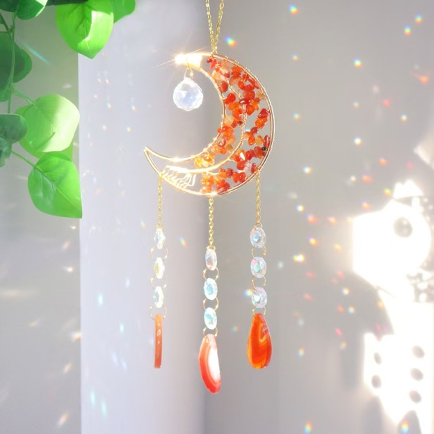 Moon Agate Slice Crystal Suncatcher Handmade Chip Stone Hanging Wind Chime Decor