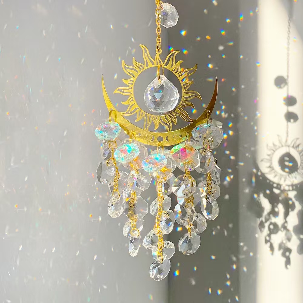 Sun Moon Crystal Suncatcher Hanging Ornament Rainbow Prism Window Decor