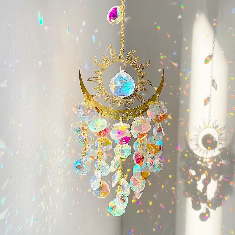 Sun Moon Crystal Suncatcher Hanging Ornament Rainbow Prism Window Decor