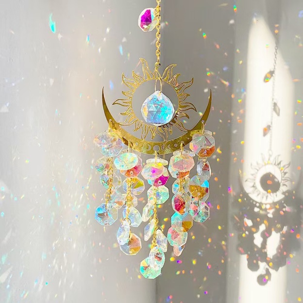 Sun Moon Crystal Suncatcher Hanging Ornament Rainbow Prism Window Decor