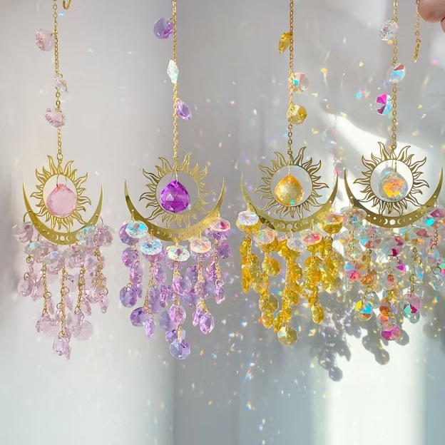 Sun Moon Crystal Suncatcher Hanging Ornament Rainbow Prism Window Decor