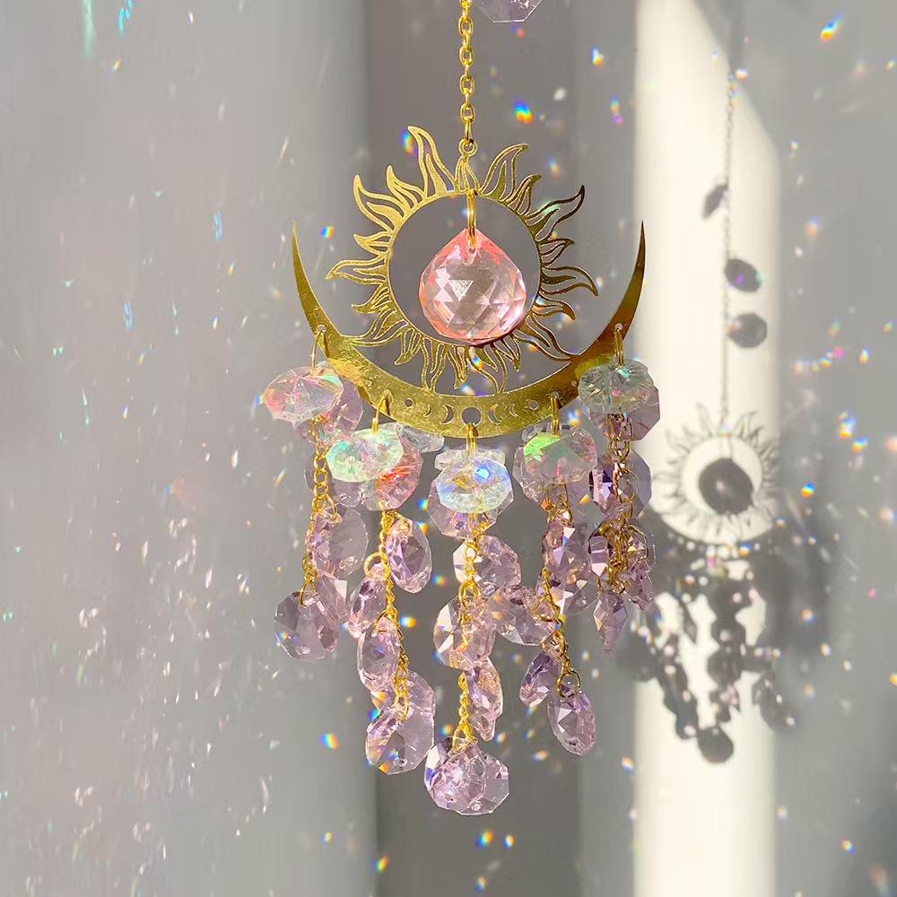 Sun Moon Crystal Suncatcher Hanging Ornament Rainbow Prism Window Decor