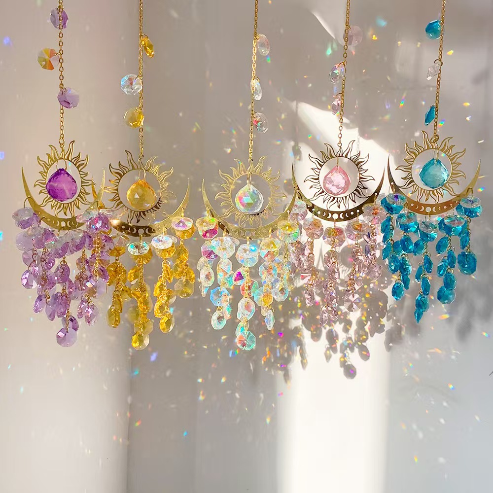 Sun Moon Crystal Suncatcher Hanging Ornament Rainbow Prism Window Decor