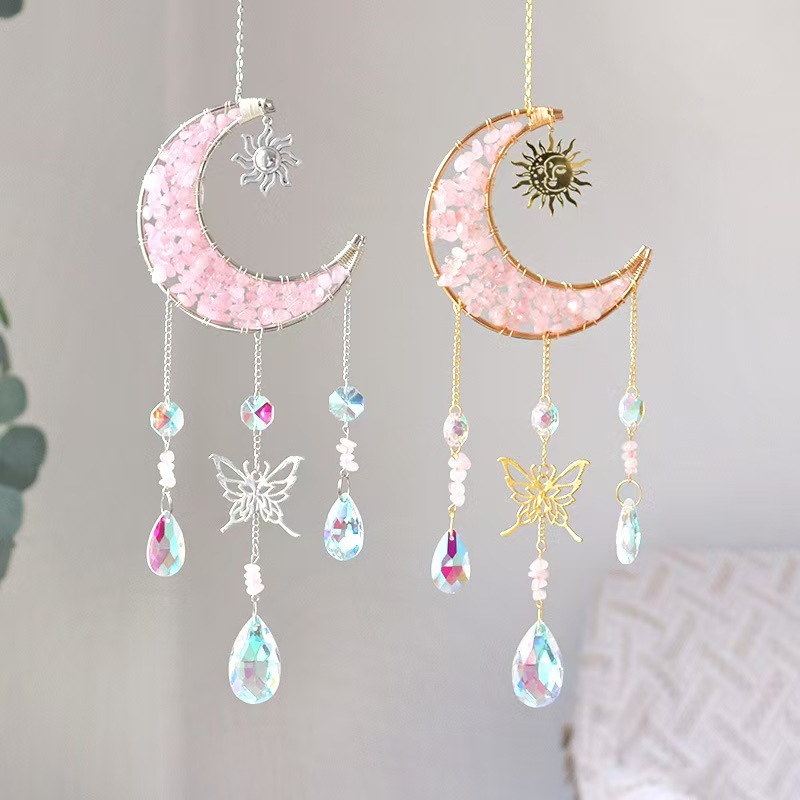 Moon Crystal Suncatcher Butterfly Hanging Ornament Rose Quartz Chip Decor