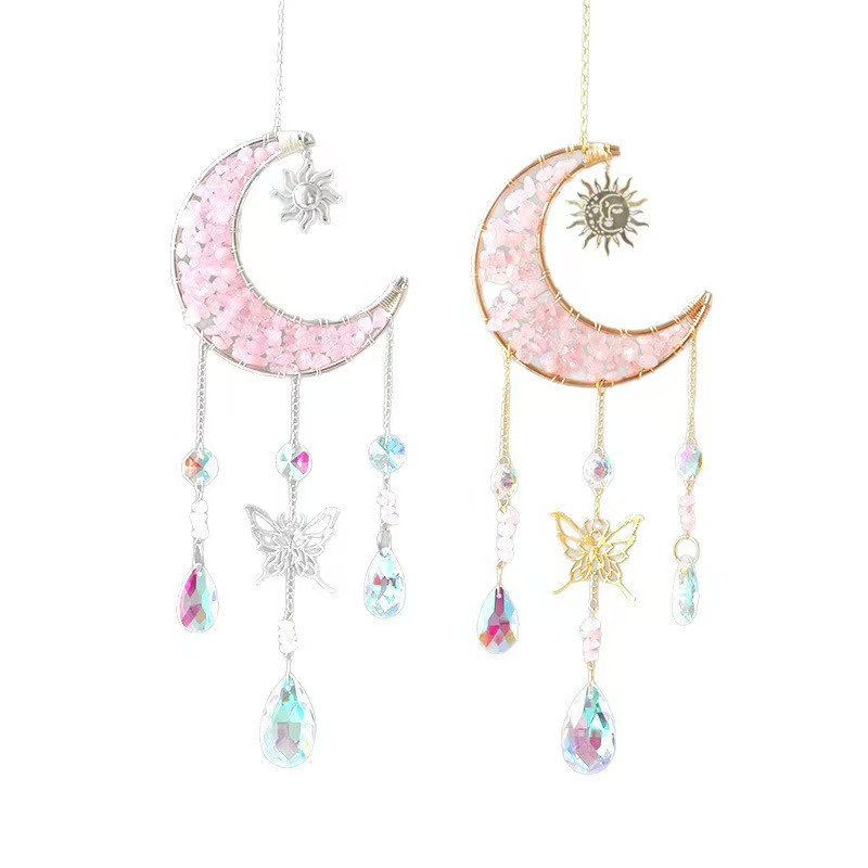 Moon Crystal Suncatcher Butterfly Hanging Ornament Rose Quartz Chip Decor