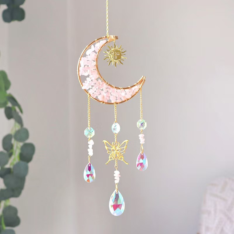 Moon Crystal Suncatcher Butterfly Hanging Ornament Rose Quartz Chip Decor