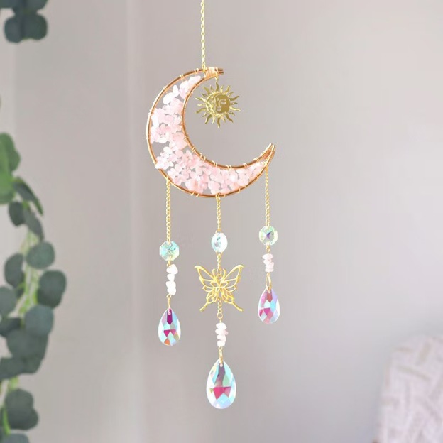 Moon Crystal Suncatcher Butterfly Hanging Ornament Rose Quartz Chip Decor