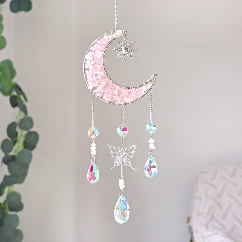 Moon Crystal Suncatcher Butterfly Hanging Ornament Rose Quartz Chip Decor