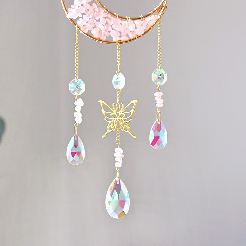 Moon Crystal Suncatcher Butterfly Hanging Ornament Rose Quartz Chip Decor
