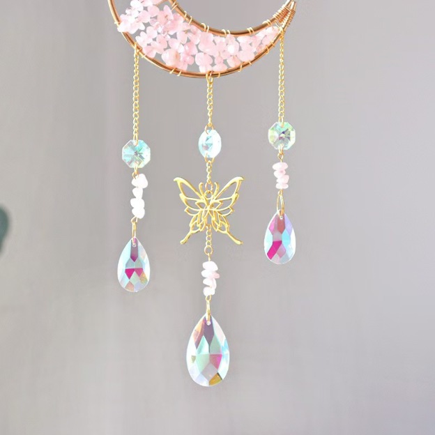 Moon Crystal Suncatcher Butterfly Hanging Ornament Rose Quartz Chip Decor