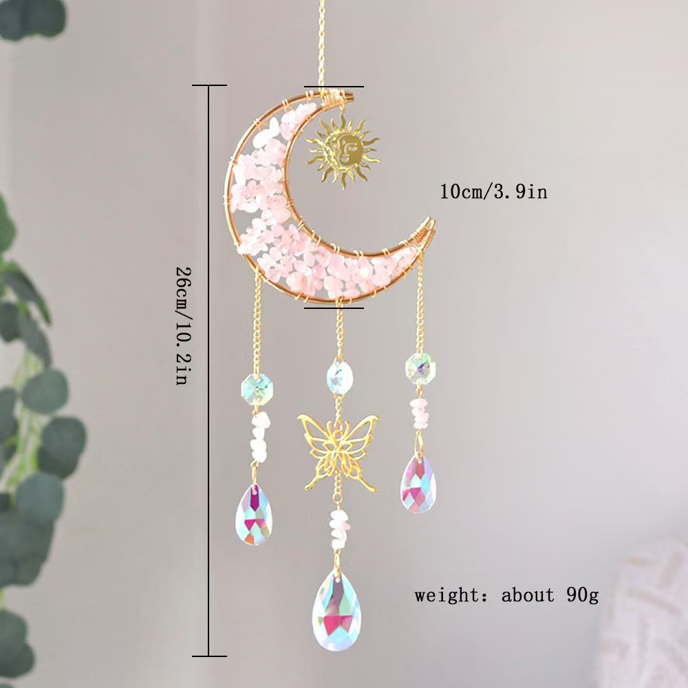 Moon Crystal Suncatcher Butterfly Hanging Ornament Rose Quartz Chip Decor