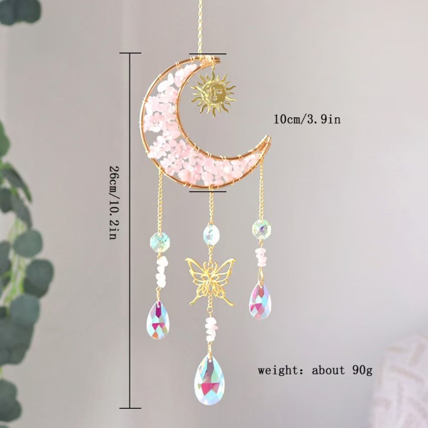 Moon Crystal Suncatcher Butterfly Hanging Ornament Rose Quartz Chip Decor