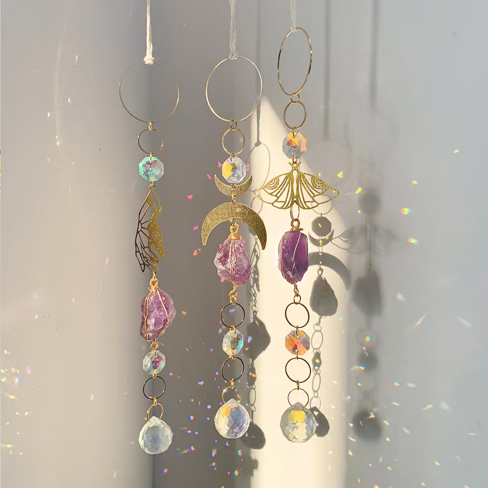 Amethyst Crystal Suncatcher Moth Moon Rainbow Window Hanging Decor