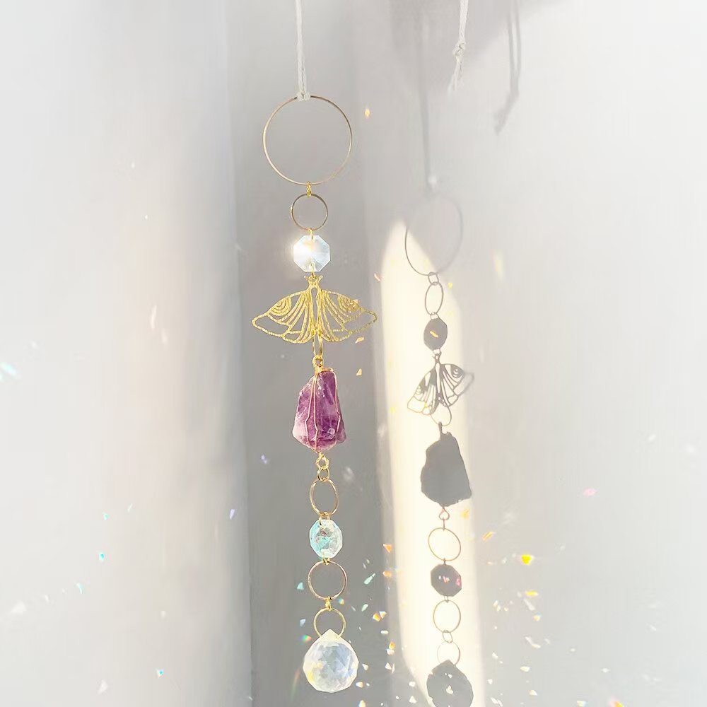 Amethyst Crystal Suncatcher Moth Moon Rainbow Window Hanging Decor