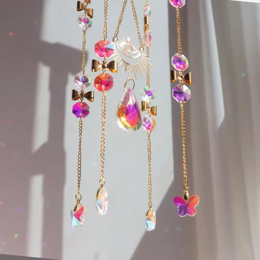 Crystal Quartz Suncatcher Butterfly Wind Chime Hanging Decor for Window and Door