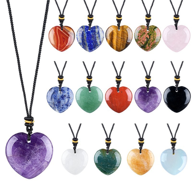 Natural Stone Heart Necklace Pendant, 30mm Crystal Heart Charm with Cord, DIY Jewelry Making or Gift Accessory