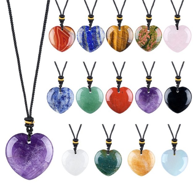Natural Stone Heart Necklace Pendant, 30mm Crystal Heart Charm with Cord, DIY Jewelry Making or Gift Accessory