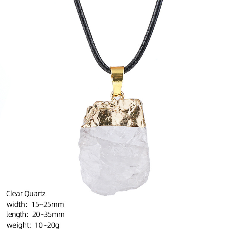 Natural Raw Stone Pendant Necklace Irregular Rough Stone Charm with Gold Tone Cap Adjustable Rope Necklace