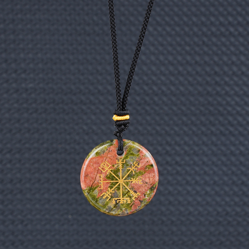 Viking Style Crystal Pendant Necklace Natural Agate Symbol with Round Shape
