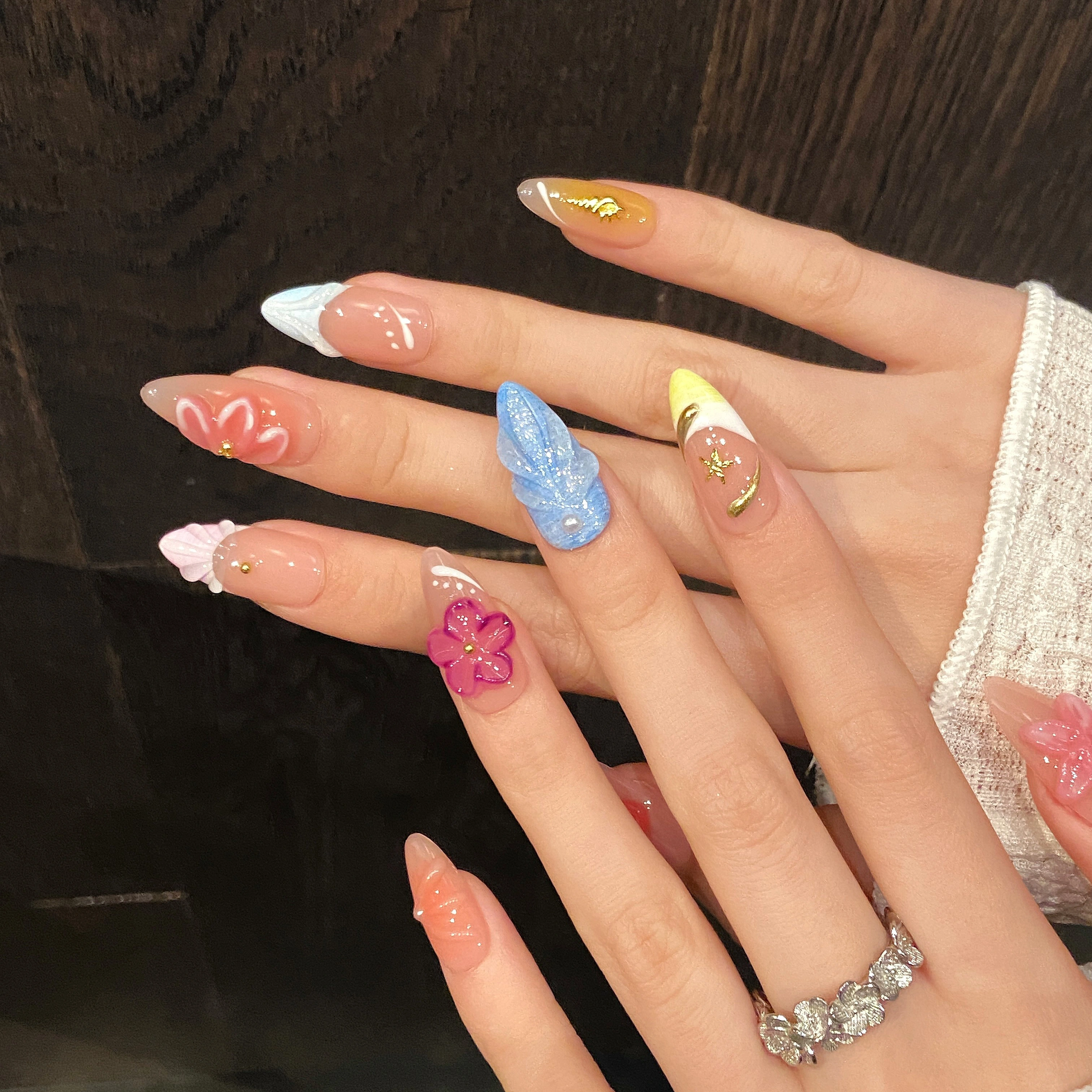 Blooming Elegance Sheer Floral 3D Flower Handcrafted Enchanted Ten Pieces of Press-On Nails YH677