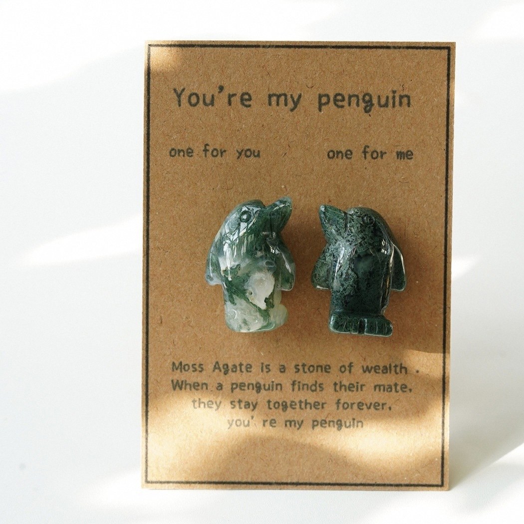 Natural Rose Quartz Penguin Figurine Set, Hand Carved Stone Couple Penguins with Gift Box and Message Card