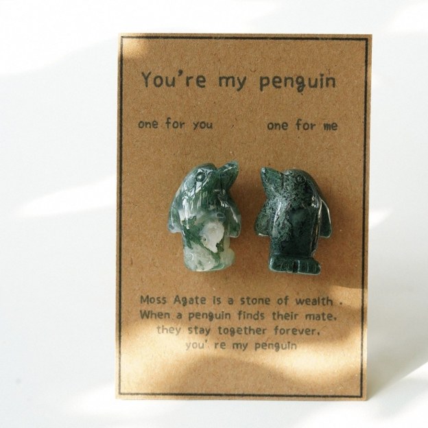 Natural Rose Quartz Penguin Figurine Set, Hand Carved Stone Couple Penguins with Gift Box and Message Card