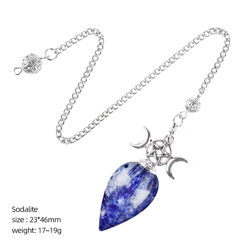 Natural Crystal Dowsing Pendulum Necklace, Triple Moon Teardrop Pendant with Chain, Water Drop Stone Pendulum for Meditation Yoga