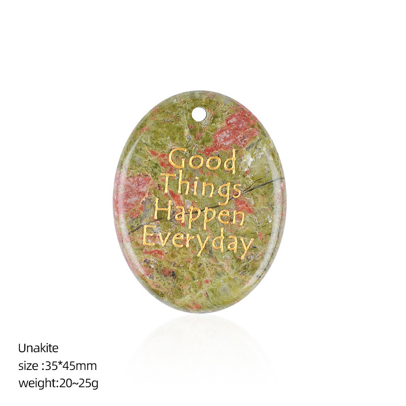 Natural Stone Oval Pendant with Inspirational Engraving Good Things Happen Everyday, Handheld Worry Stone Charm for Necklace DIY Craft