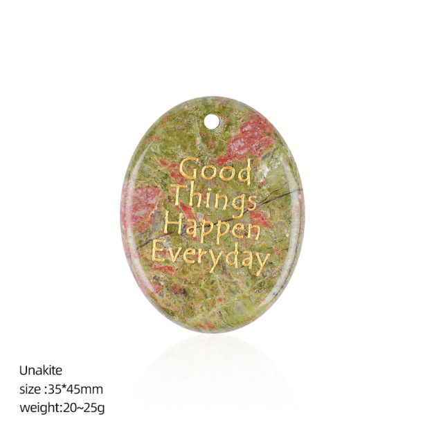 Natural Stone Oval Pendant with Inspirational Engraving Good Things Happen Everyday, Handheld Worry Stone Charm for Necklace DIY Craft