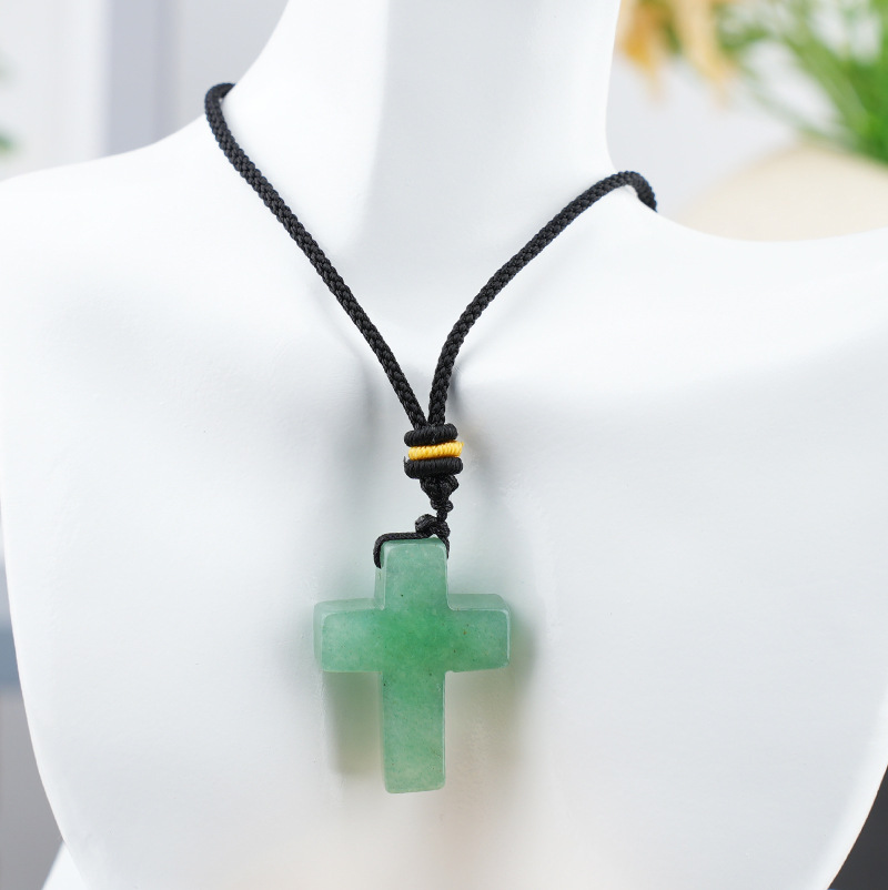Natural Stone Cross Pendant Necklace, Horizontal Hole Cross Charm Jewelry, Adjustable Rope Necklace, Easter Gift Jewelry Accessory