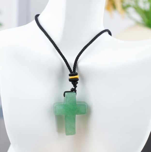 Natural Stone Cross Pendant Necklace, Horizontal Hole Cross Charm Jewelry, Adjustable Rope Necklace, Easter Gift Jewelry Accessory
